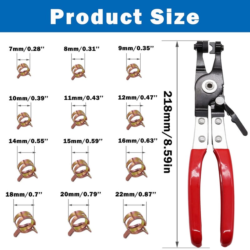 Tnisesm 121Pcs 7-22mm Spring Hose Clamp Assortment kits with Swivel Flat Band Fuel Hose Clamp Plier, Silicone Vacuum Hose Action Pipe Clamp Low Pressure Air Clip Clamp for Hose Clamps - Image 2